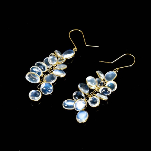 212 - A pair of modern handmade 14ct gold moonstone grape earrings, set with oval cabochon moonstones, ear... 