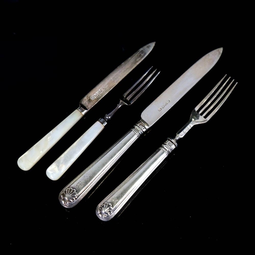 361 - 2 groups of silver bladed dessert knives and forks, makers include James Deakin & Sons and James Smi... 