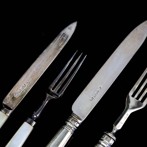 361 - 2 groups of silver bladed dessert knives and forks, makers include James Deakin & Sons and James Smi... 