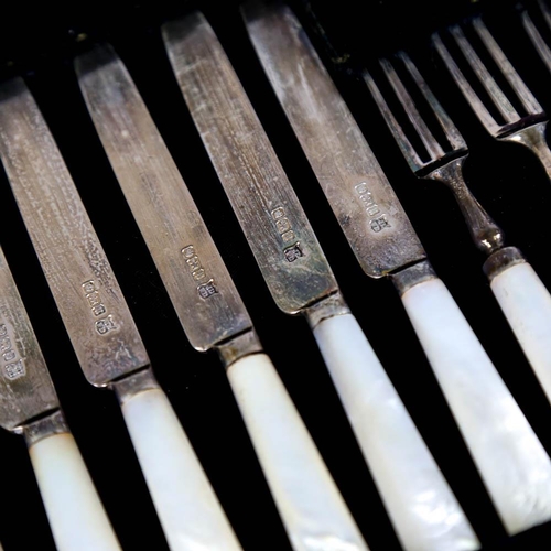 361 - 2 groups of silver bladed dessert knives and forks, makers include James Deakin & Sons and James Smi... 