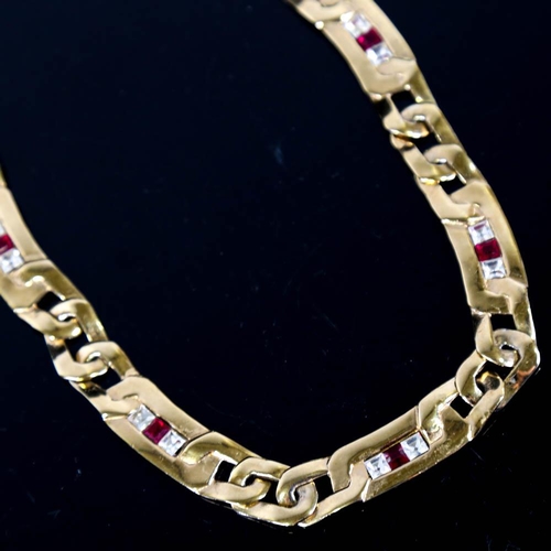 373 - BALENCIAGA - a Vintage gold plated stone set necklace, textured and polished flat curb style links, ... 