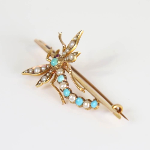 375 - An Edwardian 15ct gold turquoise pearl and ruby figural dragonfly bar brooch, set with cabochon ston... 