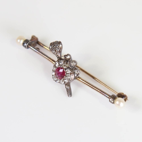 376 - A Victorian ruby diamond and pearl heart and arrow sentiment bar brooch, unmarked gold set with old ... 