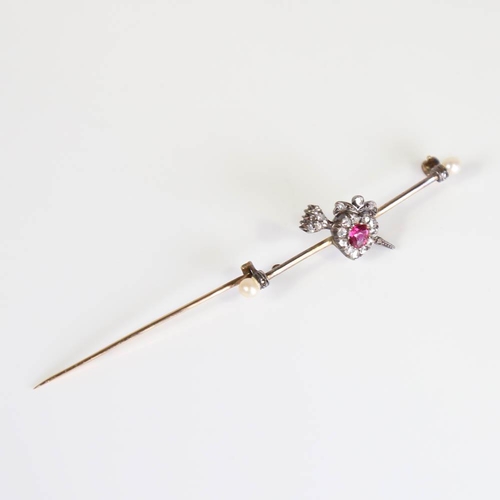 376 - A Victorian ruby diamond and pearl heart and arrow sentiment bar brooch, unmarked gold set with old ... 