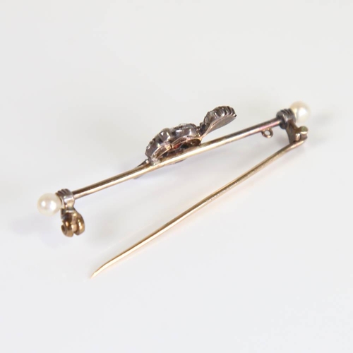 376 - A Victorian ruby diamond and pearl heart and arrow sentiment bar brooch, unmarked gold set with old ... 