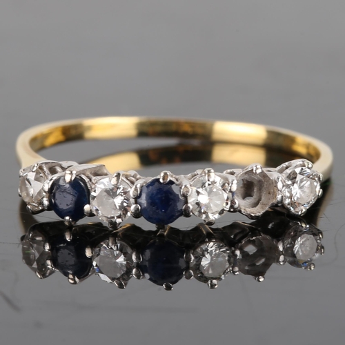 378 - An unmarked gold 7-stone sapphire and diamond half hoop ring, set with round brilliant gemstones, to... 