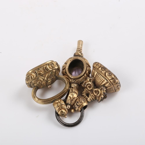 380 - 3 x 19th century gilt metal fobs, comprising amethyst pocket watch key and 2 stone set seal fobs, ke... 