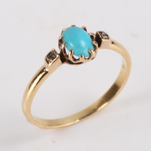 382 - A Georgian turquoise and diamond ring, unmarked gold settings with oval cabochon turquoise and rose ... 