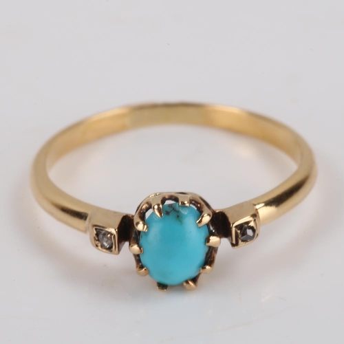 382 - A Georgian turquoise and diamond ring, unmarked gold settings with oval cabochon turquoise and rose ... 