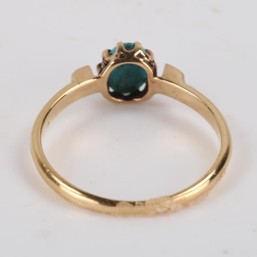 382 - A Georgian turquoise and diamond ring, unmarked gold settings with oval cabochon turquoise and rose ... 