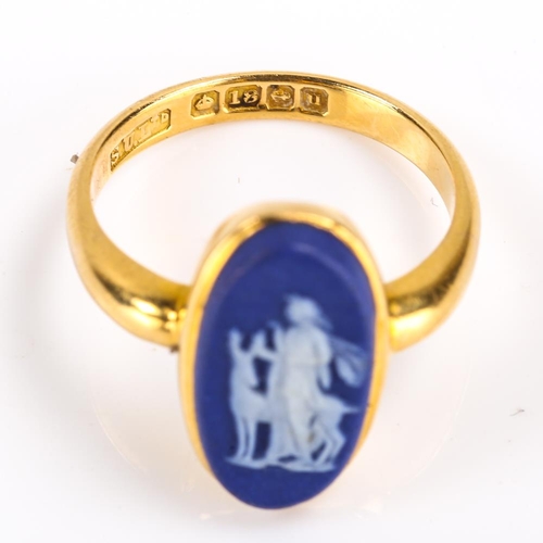 396 - An Antique 18ct gold Wedgwood Jasperware panel ring, depicting Diana and a Stag, maker's marks S U L... 