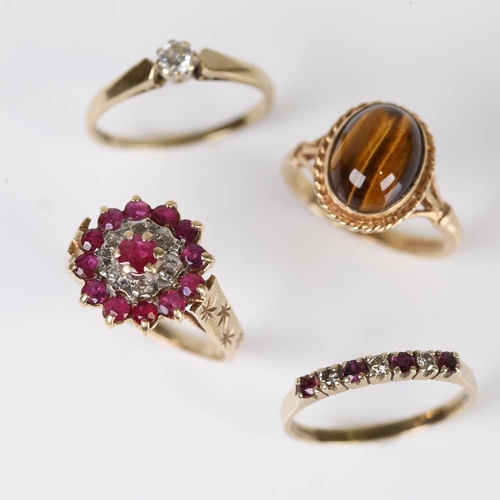 402 - 4 x 9ct gold stone set rings, gemstones include diamond, ruby and tiger's eye, sizes O, Q x 2 and R,... 