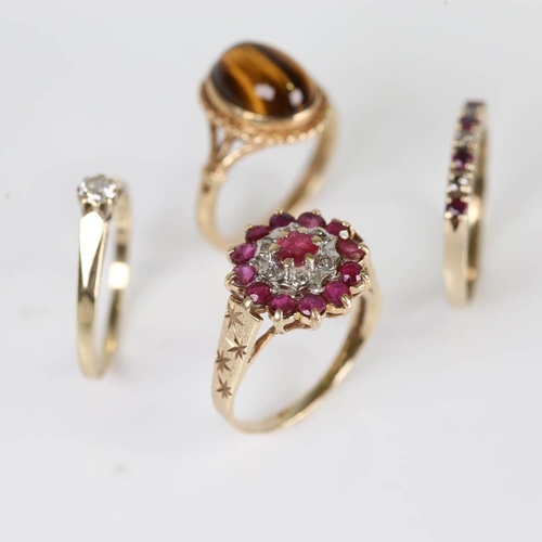 402 - 4 x 9ct gold stone set rings, gemstones include diamond, ruby and tiger's eye, sizes O, Q x 2 and R,... 