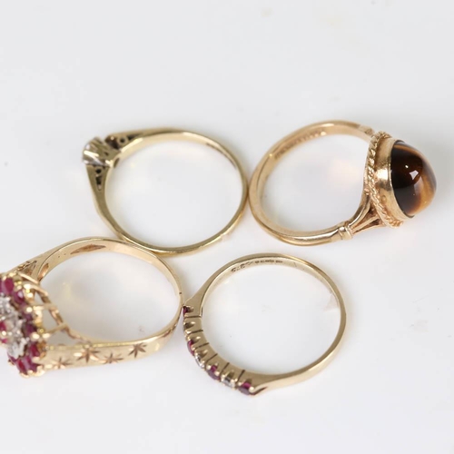 402 - 4 x 9ct gold stone set rings, gemstones include diamond, ruby and tiger's eye, sizes O, Q x 2 and R,... 