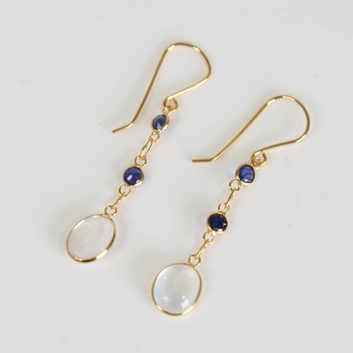 403 - A pair of modern handmade 14ct gold moonstone and sapphire drop earrings, set with oval cabochon moo... 