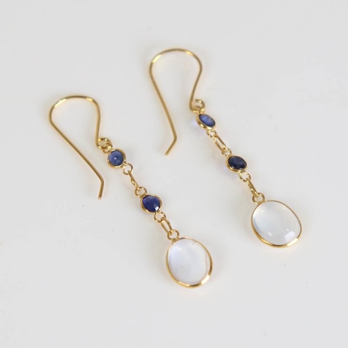 403 - A pair of modern handmade 14ct gold moonstone and sapphire drop earrings, set with oval cabochon moo... 