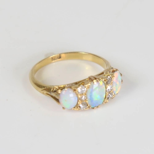 404 - An early 20th century 18ct gold 7-stone opal and diamond half hoop ring, set with oval cabochon opal... 