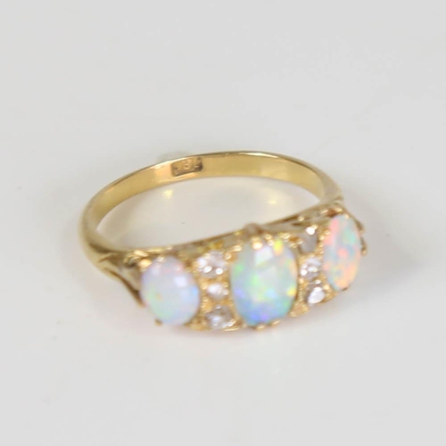 404 - An early 20th century 18ct gold 7-stone opal and diamond half hoop ring, set with oval cabochon opal... 