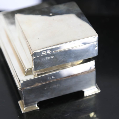 411 - 2 silver cigarette boxes, square and rectangular forms, indistinct hallmarks, (2)