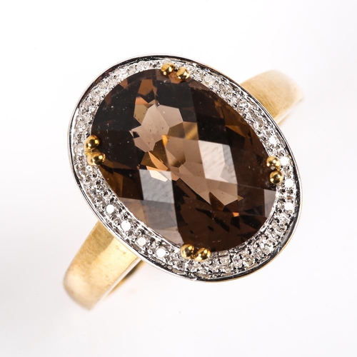 418 - A modern 9ct gold smoky quartz and diamond cluster ring, set with oval rose cut quartz and single cu... 