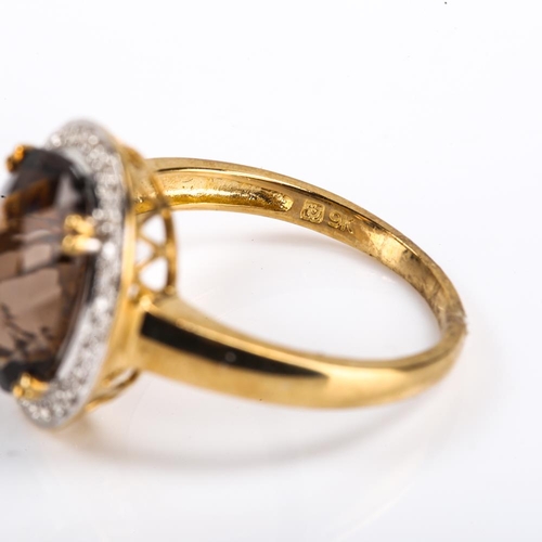 418 - A modern 9ct gold smoky quartz and diamond cluster ring, set with oval rose cut quartz and single cu... 