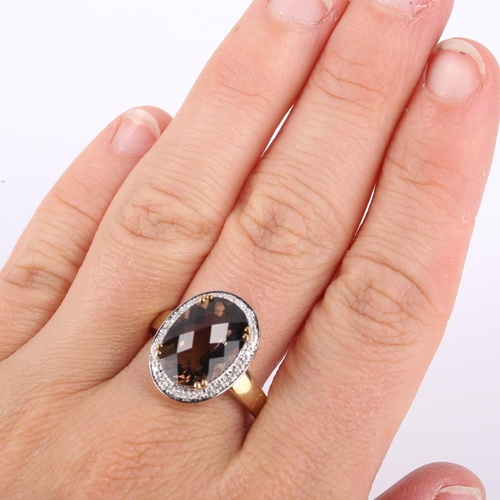 418 - A modern 9ct gold smoky quartz and diamond cluster ring, set with oval rose cut quartz and single cu... 