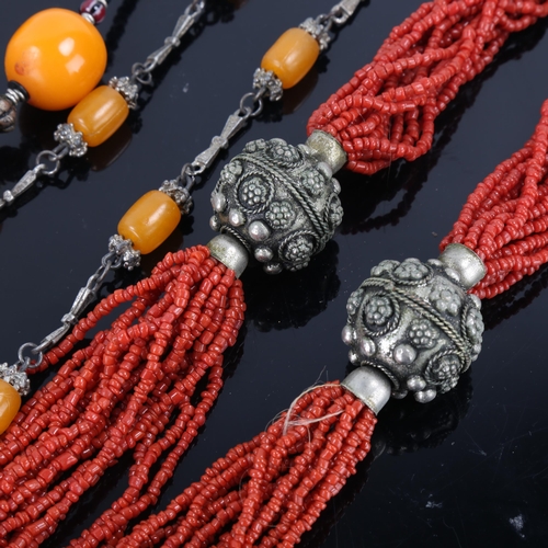 436 - 3 Eastern stone set necklaces, including coral and amber, unmarked white metal settings (3)