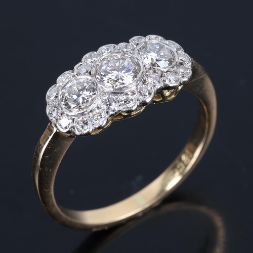 438 - A mid-20th century 18ct gold diamond triple cluster ring, set with modern round brilliant cut diamon... 