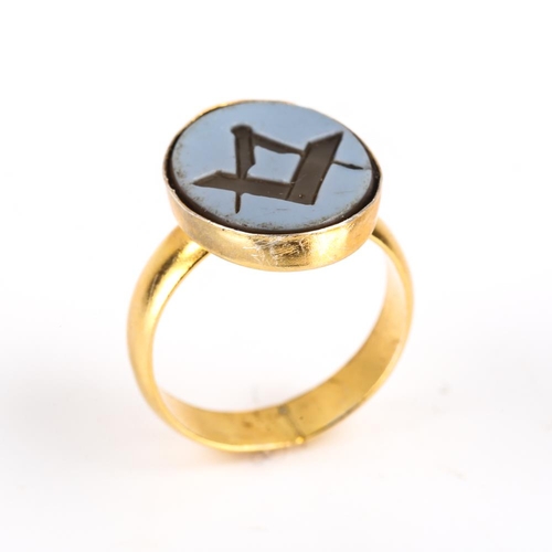 443 - A silver-gilt sardonyx Masonic seal ring, intaglio engraved design, setting height 16.3mm, size M, 3... 