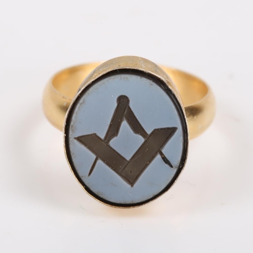 443 - A silver-gilt sardonyx Masonic seal ring, intaglio engraved design, setting height 16.3mm, size M, 3... 