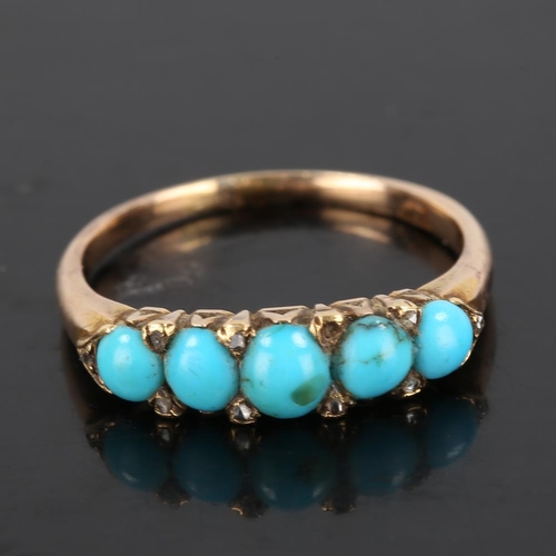 446 - A Victorian graduated 5-stone turquoise half hoop ring, unmarked gold settings with cabochon turquoi... 