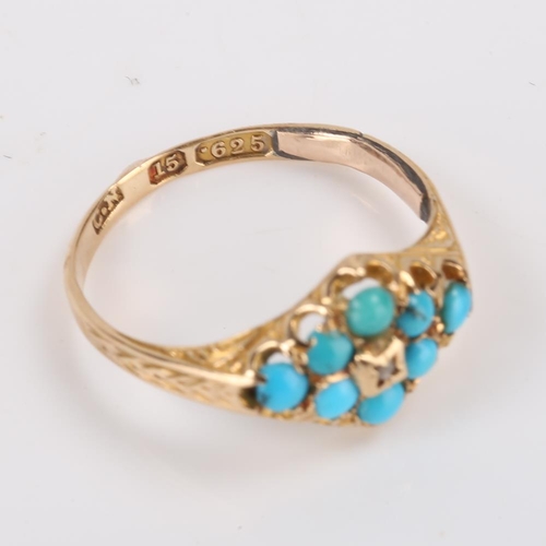 447 - A Victorian 15ct gold turquoise and diamond lozenge ring, set with round cabochon turquoise and cent... 