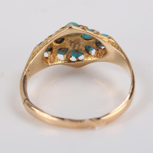 447 - A Victorian 15ct gold turquoise and diamond lozenge ring, set with round cabochon turquoise and cent... 