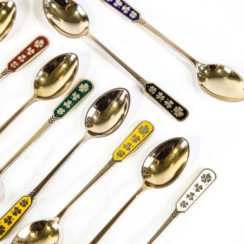 458 - EGON LAURIDSEN - a set of 12 Danish vermeil sterling silver and harlequin enamel coffee spoons, with... 