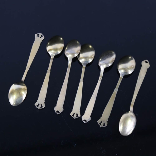 459 - A set of 7 Scandinavian vermeil sterling silver and harlequin enamel coffee spoons, with crown termi... 