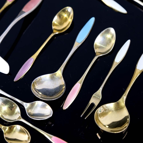 460 - FRIGAST - a set of 14 Danish vermeil sterling silver and harlequin enamel flatware, comprising 1 x p... 