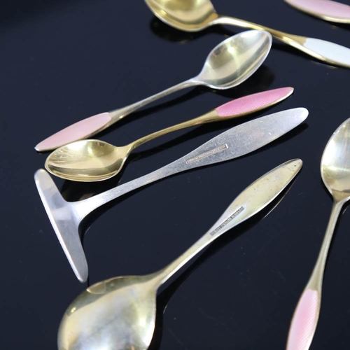 460 - FRIGAST - a set of 14 Danish vermeil sterling silver and harlequin enamel flatware, comprising 1 x p... 