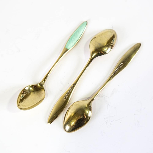 462 - FRIGAST - a set of 6 Danish vermeil sterling silver and harlequin enamel coffee spoons, engine turne... 