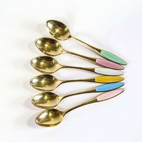 462 - FRIGAST - a set of 6 Danish vermeil sterling silver and harlequin enamel coffee spoons, engine turne... 