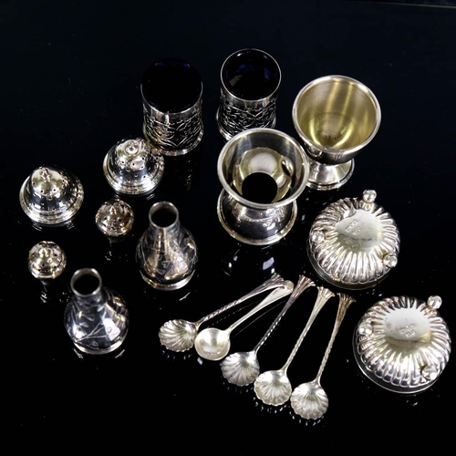 466 - Various silver, including pair of Victorian baluster pepperettes, Scottish reversible egg cup, wine ... 