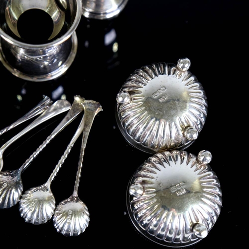 466 - Various silver, including pair of Victorian baluster pepperettes, Scottish reversible egg cup, wine ... 