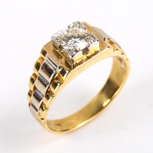 620 - A late 20th century 18ct gold 0.65ct solitaire diamond ring, Rolex style two-tone shoulders set with... 