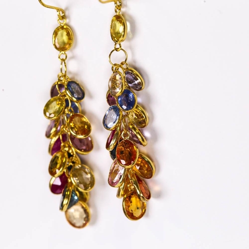 624 - A pair of modern handmade 14ct gold vari-hue sapphire grape earrings, set with oval mixed and pear c... 