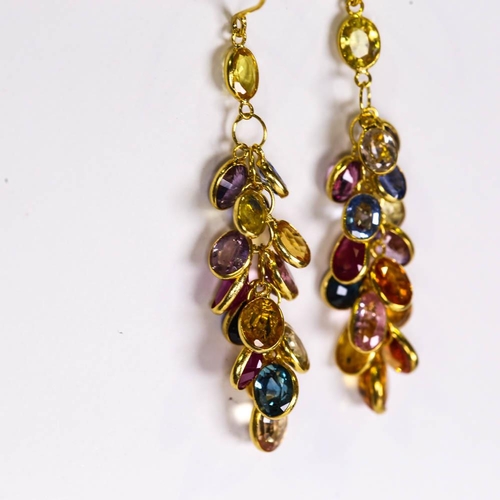 624 - A pair of modern handmade 14ct gold vari-hue sapphire grape earrings, set with oval mixed and pear c... 