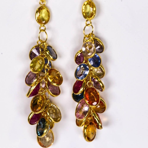 624 - A pair of modern handmade 14ct gold vari-hue sapphire grape earrings, set with oval mixed and pear c... 