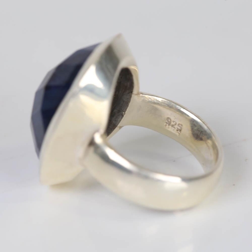 626 - A large modern handmade silver sapphire ring, set with large oval rose cut sapphire, setting height ... 