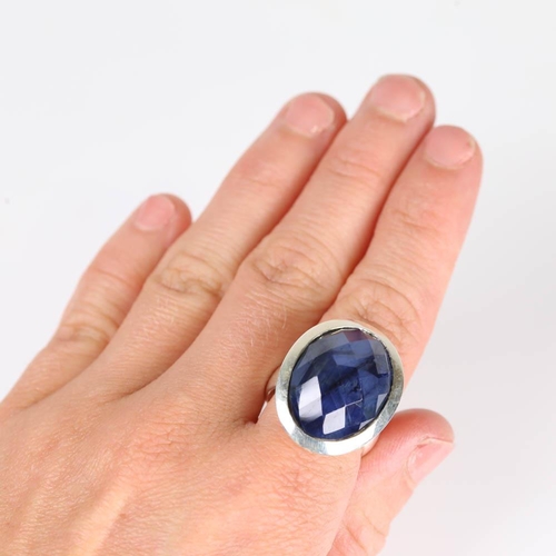 626 - A large modern handmade silver sapphire ring, set with large oval rose cut sapphire, setting height ... 