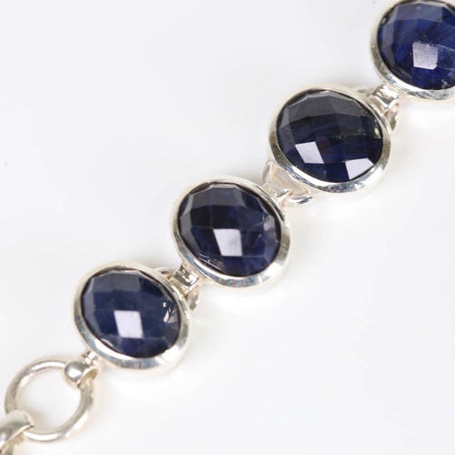 627 - A modern handmade silver sapphire line bracelet, set with rose cut sapphires, bracelet length 20cm, ... 