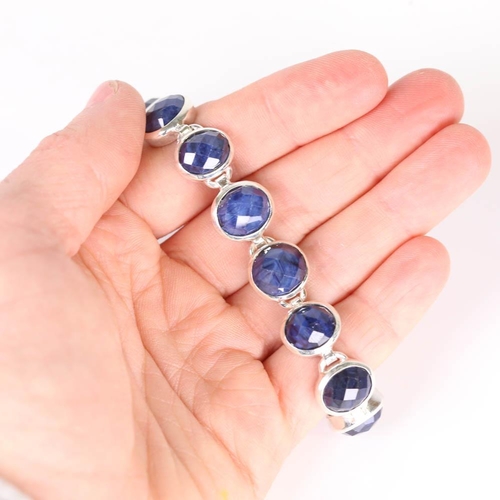 627 - A modern handmade silver sapphire line bracelet, set with rose cut sapphires, bracelet length 20cm, ... 