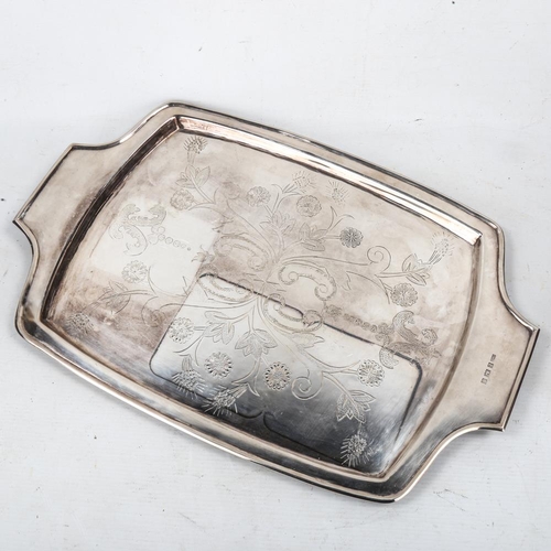 632 - An Elizabeth II silver tea tray, rectangular form with engraved floral decoration, maker's marks CMB... 